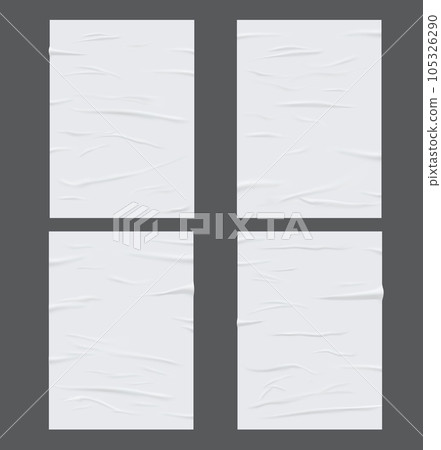 White glued wet paper, wrinkled and crumpled sheets. Vector creased posters with corrugation isolated blank rectangular mockup for advertising flyers design. Folded textured pages realistic 3d set White glued wet paper, wrinkled and crumpled sheets. Vector creased posters with corrugation isolated blank rectangular mockup for advertising flyers design. Folded textured pages realistic 3d set 105326290
