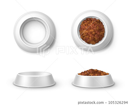 Realistic feed bowl, pet food plates 3d vector mockup front and top view. Blank full and empty crockery for cats and dogs, zoo shop dishes, items for domestic animal snack isolated on white background 105326294
