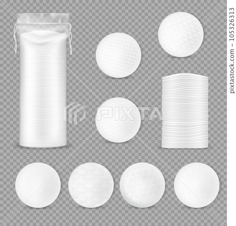 Cotton pads packaging, healthcare 3d vector mockup. Makeup soft discs in plastic package with strings, face hygiene and nursing. White round cotton pads with textural surface, toiletries realistic set 105326313