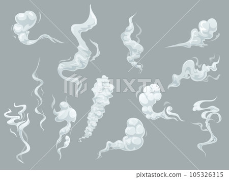 Cartoon smoke and fog clouds, white vector aroma or toxic steaming vapour, dust steam. Design elements, flow mist or smoky chemical steam isolated on grey background. Comic boom steaming effect set 105326315