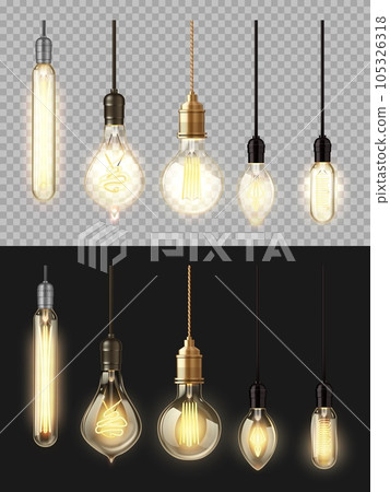 Glowing lamps, vector filament bulbs. Retro edison, incandescent vintage 3d lightbulbs of different shapes and forms with heated wire hanging from above, realistic set isolated on black background 105326318