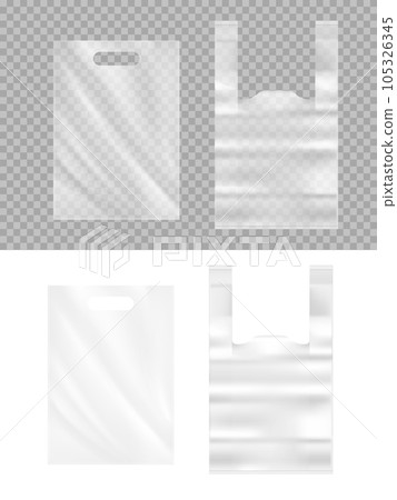 Realistic plastic bags 3d vector mockup. Transparent polythene packages with handle for products or garbage isolated on white background. Realistic empty packaging, supermarket carrier bags top view Realistic plastic bags 3d vector mockup. Transparent polythene packages with handle for products or garbage isolated on white background. Realistic empty packaging, supermarket carrier bags top view 105326345