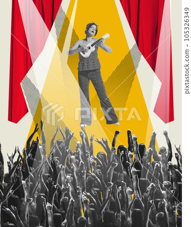 Talented young woman playing guitar, making live concert, performance Talent show. Human hands raised. Contemporary art collage. 105326349