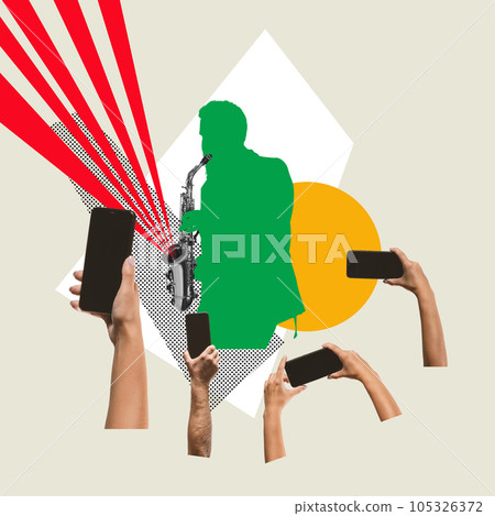 Male silhouette playing saxophone on live concert. Human hands with phone recording videos. Contemporary art collage. Male silhouette playing saxophone on live concert. Human hands with phone recording videos. Contemporary art collage. 105326372
