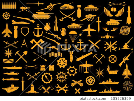 Army kind of troops heraldry, badges or patches. Vector bandolier, sword, tank and cannon with torpedo and arrows. Sniper rifle, sabers, grenade and bomb. Airplanes, submarines and military ships set 105326399
