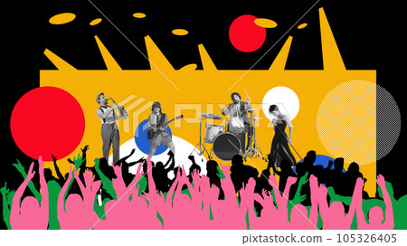 Live concert. Talented people, musicians singing and playing music instruments. Dancing silhouettes of people. Contemporary art collage. 105326405