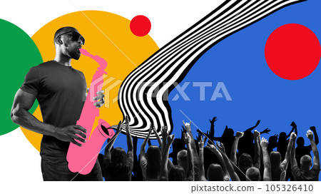 Young, african man playing saxophone, making live performance, concert. Dancing people silhouettes. Contemporary art collage. 105326410