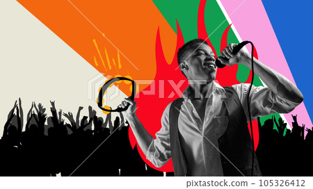 Stylish, young, african man singing in live performance, concert. Dancing people silhouettes. Contemporary art collage. 105326412