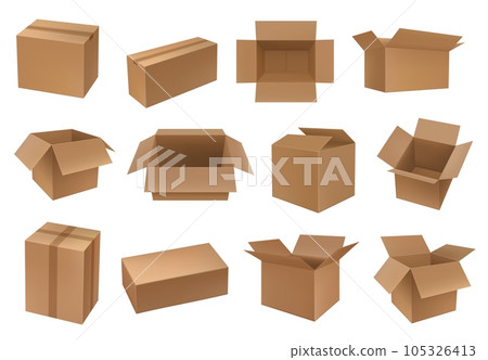 Cardboard box mockups, cargo and parcel packages, vector containers. Carton closed and open packaging for goods, isolated empty drawers, distribution packs. Cartoon shipping boxes for freight set 105326413