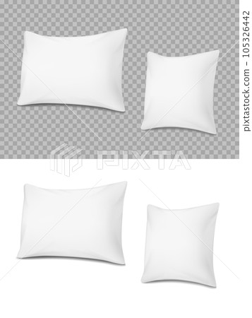 White realistic pillows, vector cushions 3d mockup of rectangular and square shape front view. Soft comfortable accessories for sleep and relaxation, design elements isolated on transparent background 105326442