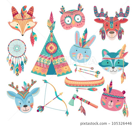 Cute native american or indian animal vector icons with tribal feather headdresses, arrows, dream catcher and tepee, bow, tomahawk, canoe. Baby bear, rabbit or bunny, fox, owl, racoon and deer faces 105326446