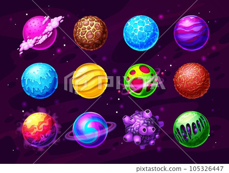 Fantasy planets, alien worlds in deep space cartoon set. Frozen and hot, covered water, ice and lava planets with satellites, asteroid with rocky surface vector icon. UI, GUI interface design elements 105326447