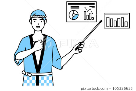 A man wearing a summer festival happi coat analyzing the performance graph A man wearing a summer festival happi coat analyzing the performance graph 105326635