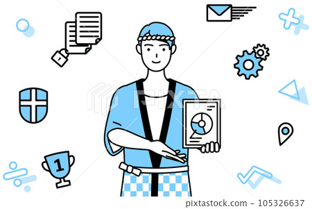 Image of DX, a man wearing a summer festival happi coat using digital technology to improve business Image of DX, a man wearing a summer festival happi coat using digital technology to improve business 105326637