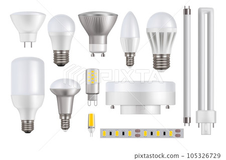 LED light bulbs isolated on white background realistic vector mockup. LED lamps, lightbulbs and tubes, strip or tape with light-emitted diodes. 3d electrical power equipment or household accessories LED light bulbs isolated on white background realistic vector mockup. LED lamps, lightbulbs and tubes, strip or tape with light-emitted diodes. 3d electrical power equipment or household accessories 105326729