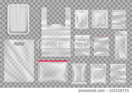 Food products plastic packaging mockups. Polyethylene tray with plastic wrap, t-shirt packet with handle and airtight pouches, blank sachets with ziploc, hang hole and perforation 3d realistic vectors Food products plastic packaging mockups. Polyethylene tray with plastic wrap, t-shirt packet with handle and airtight pouches, blank sachets with ziploc, hang hole and perforation 3d realistic vectors 105326733