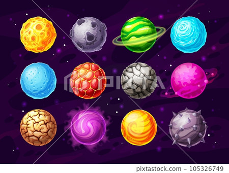 Alien space planets cartoon vector design of space game UI, user interface. Fantasy universe galaxy planets with orbits, stones, magic energy fire craters and ice crystals, mist rings and stars 105326749