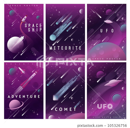 Space vector posters with flat planets, rockets, galaxy comets and stars, alien universe UFO, spaceship, meteorites and shuttle. Outer space travel, adventure and astronomy science design 105326756