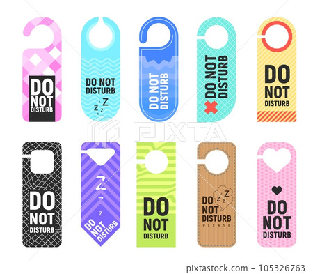 Do not disturb vector signs of door hanger, hotel room hanging card, tag or label templates. Door knob or handle cardboard signs with geometric pattern and warning messages, motel or resort design 105326763