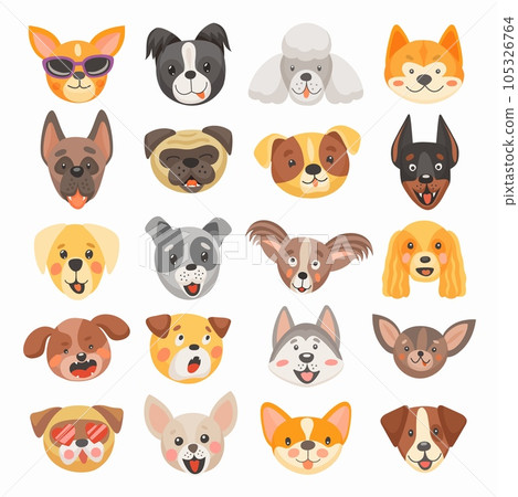 Cute dog and puppy faces cartoon vector design of pet animals. Isolated heads of terrier, french bulldog, pug and corgi, labrador, poodle, doberman and chihuahua dog breeds with funny tongues, smiles 105326764
