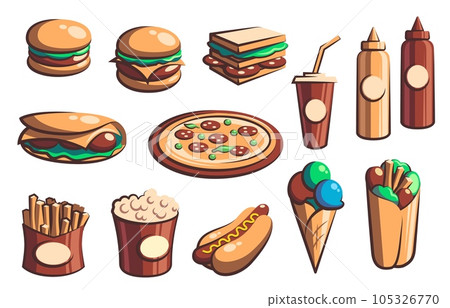 Fast food retro icons with vector burgers, drinks and desserts. Hamburger, pizza, hot dog and sandwich, french fries, soda and cheeseburger, ice cream, popcorn, mexican burritos and taco with sauces Fast food retro icons with vector burgers, drinks and desserts. Hamburger, pizza, hot dog and sandwich, french fries, soda and cheeseburger, ice cream, popcorn, mexican burritos and taco with sauces 105326770