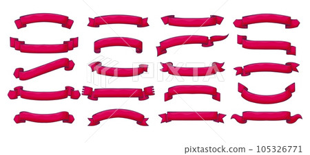 Red ribbon banners vector set. Vintage scrolls of blank tape and band with curled edges and swirls. Festive decorations for winner award, celebration and sale advertisement, Christmas or birthday gift Red ribbon banners vector set. Vintage scrolls of blank tape and band with curled edges and swirls. Festive decorations for winner award, celebration and sale advertisement, Christmas or birthday gift 105326771