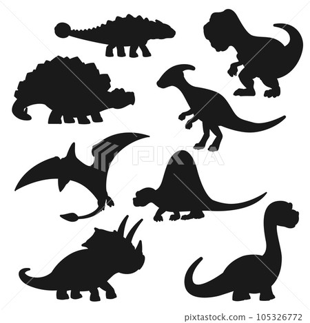 Black dinosaur silhouettes . Vector triceratops, tyrannosaurus, stegosaurus and brontosaurus, pterodactyl, parasaurolophus and spinosaurus, diplodocus and ankylosaurus shapes Black dinosaur silhouettes . Vector triceratops, tyrannosaurus, stegosaurus and brontosaurus, pterodactyl, parasaurolophus and spinosaurus, diplodocus and ankylosaurus shapes 105326772