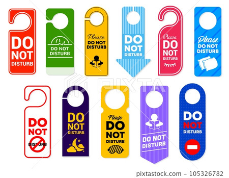 Do not disturb vector signs of hotel room door hanger tags, handle labels or knob cards with warning messages and prohibition symbols. Door hanger signs for motel, spa resort, office and clinic 105326782