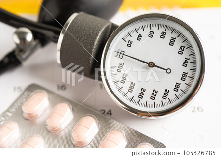 Blood pressure with drug pills on electrocardiogram ECG. Blood pressure with drug pills on electrocardiogram ECG. 105326785
