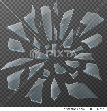 Broken glass shards realistic vector design. Transparent glass debris of shattered window, crashed pieces, cracked fragments and small particles with sharp edges on transparent background 105326794