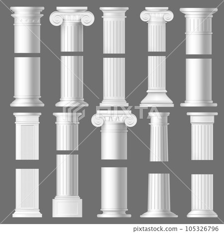 Column pillar realistic mockups of antique Roman and Greek architecture. 3d vector white marble stone Doric and Ionic columns with vertical fluted shafts, bases and ornate capitals with volutes Column pillar realistic mockups of antique Roman and Greek architecture. 3d vector white marble stone Doric and Ionic columns with vertical fluted shafts, bases and ornate capitals with volutes 105326796