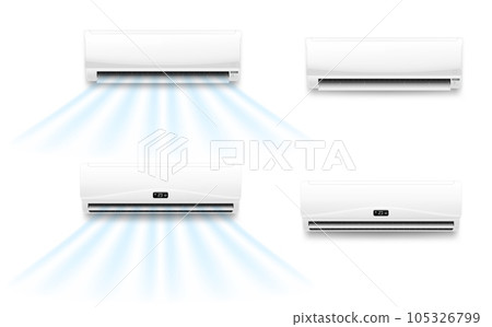 Air conditioner vector mockups with cold or hot wind flow. Realistic air conditioning split system indoor units with opened horizontal louvers and display panels, climate control for home or office Air conditioner vector mockups with cold or hot wind flow. Realistic air conditioning split system indoor units with opened horizontal louvers and display panels, climate control for home or office 105326799
