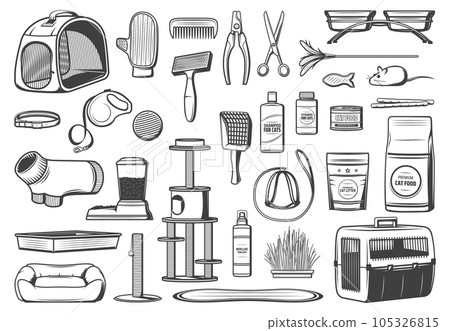 Pet care supplies for cats isolated vector icons. Food, grooming brush and glove accessories, toys, stand house on scratching posts, feeder and feeding bowl stand, carrier and litter tray with scoop Pet care supplies for cats isolated vector icons. Food, grooming brush and glove accessories, toys, stand house on scratching posts, feeder and feeding bowl stand, carrier and litter tray with scoop 105326815