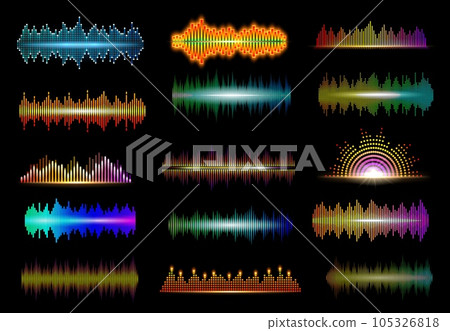 Neon sound waves of music digital equalizer vector design of audio technology. Music wave abstract patterns of audio spectrum with bright light bars of beat pulse and volume lines, musical waveforms 105326818