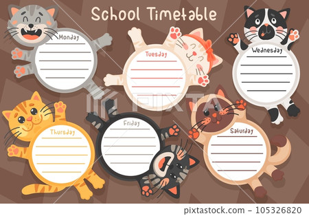 School timetable vector template of education schedule with cute cats. Student chart or study planner with cartoon cat, kitten or kitty animals with funny faces and paws, black and white spots, bow School timetable vector template of education schedule with cute cats. Student chart or study planner with cartoon cat, kitten or kitty animals with funny faces and paws, black and white spots, bow 105326820