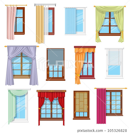 Window curtains, draperies, roller blinds and shades, vector home interior and window treatments design. Flat panel, tab top and sash curtains with rods and valances, vertical, venetian, roman blinds 105326828