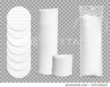 Realistic cotton pads 3d vector isolated mockup. Makeup soft discs in plastic package, face hygiene and nursing. White round cotton pads top view and side view piles, sanitary swabs or napkins in pack 105326829