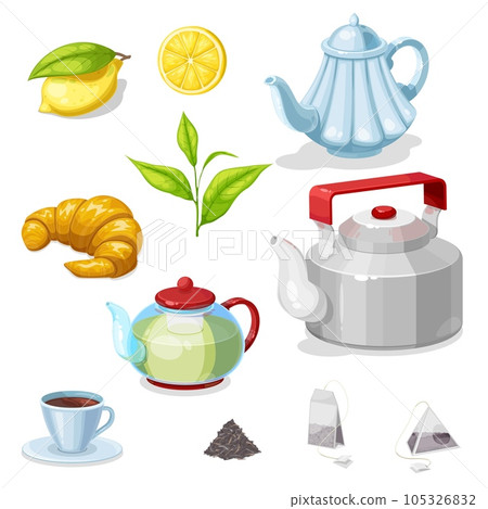 Tea vector set with green leaves, cup or mug of hot beverage, teapots and bags of black and herbal tea, kettle, croissant and lemon. Breakfast drink, pastry dessert and kitchen utensils design Tea vector set with green leaves, cup or mug of hot beverage, teapots and bags of black and herbal tea, kettle, croissant and lemon. Breakfast drink, pastry dessert and kitchen utensils design 105326832