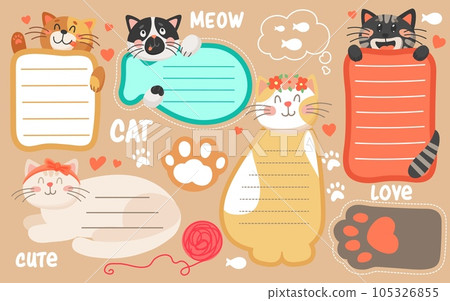 Kids timetable, notepad sheets with cute cats vector template. Cartoon school time table, schedule or planner with kawaii kitten paw prints and tails. Funny sticky notes, stickers, educational memo 105326855