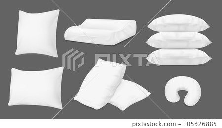 Pillows and bed cushions, vector realistic 3D white mockup templates. Inflatable travel cushion and orthopedic neck pillow, fluffy feather down pillows pile 105326885