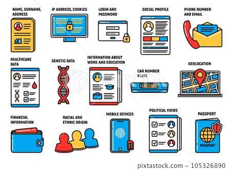GDPR personal data protection and security, vector icons. GDPR General Data Protection Regulation on information database access, digital security, legal or financial personal data confidential policy GDPR personal data protection and security, vector icons. GDPR General Data Protection Regulation on information database access, digital security, legal or financial personal data confidential policy 105326890
