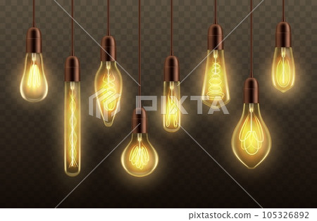 Light bulbs hanging on cords realistic vector design of glowing lamps or ceiling pendants. Incandescent light bulbs and globes with yellow filaments and contact wires on transparent background 105326892