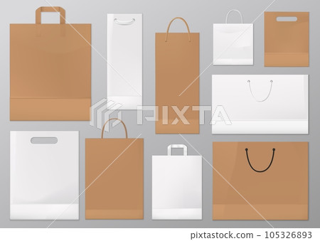 Paper bag vector mockups of blank white and brown shopping and gift packages. Realistic craft paper and cardboard bags with silk, cord and rope handles. Shop and supermarket packets, retail packaging 105326893