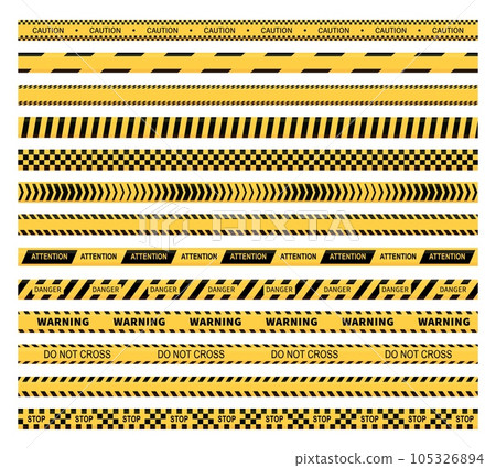 Caution tape vector design of yellow and black construction warning line, police, safety, danger and hazard barricade ribbons. Security zone marking stripes with Do not cross, Attention and Stop texts Caution tape vector design of yellow and black construction warning line, police, safety, danger and hazard barricade ribbons. Security zone marking stripes with Do not cross, Attention and Stop texts 105326894