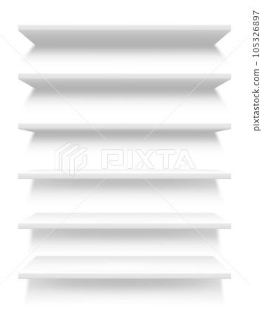 Empty store shelves realistic mockup of retail industry vector design. Showcase display of shop or market, supermarket racks, bookshelves or product stand on white wall with shadows Empty store shelves realistic mockup of retail industry vector design. Showcase display of shop or market, supermarket racks, bookshelves or product stand on white wall with shadows 105326897