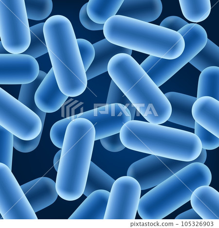 Probiotic bacterias 3d vector background with bacterium of lactobacillus acidophilus and prebiotic bifidobacteria. Microscopic blue bacillus and microorganisms of healthy human intestine and gut flora Probiotic bacterias 3d vector background with bacterium of lactobacillus acidophilus and prebiotic bifidobacteria. Microscopic blue bacillus and microorganisms of healthy human intestine and gut flora 105326903