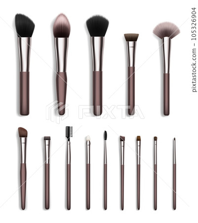 Cosmetic makeup brush realistic set of face and eye beauty tools vector design. Powder, eyeshadow and blush, bronzer, concealer and foundation brushes, brow and lash combs, fan, flat and angled liners Cosmetic makeup brush realistic set of face and eye beauty tools vector design. Powder, eyeshadow and blush, bronzer, concealer and foundation brushes, brow and lash combs, fan, flat and angled liners 105326904