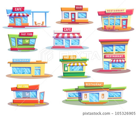 Fast food restaurant and cafe buildings, vector icons set. Exteriors of house facades, storefronts of burger shop or store, cafeteria, pub or bar and pizzeria with doors, windows, signboards, awnings 105326905