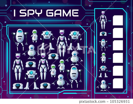 Kids riddle I spy game with cartoon robots and droids or robotic bots, vector find and match tabletop puzzle. Kids tabletop guess riddle board game with AI aliens, chatbots and android cyborgs 105326931