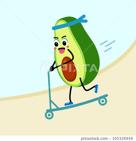 Cartoon avocado scooter sports. Vector illustration in flat style. Funny postcard Cartoon avocado scooter sports. Vector illustration in flat style. Funny postcard 105326939